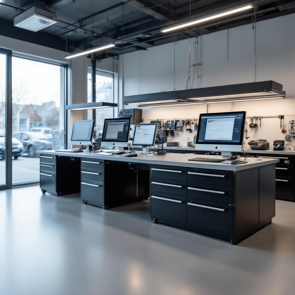 Wat te doen als je autodeur niet meer open gaat van buitenaf? Professionele sleutelservice met hoogglans werkbladen en opbergsystemen, epoxy vloer, spotverlichting, programmeerapparaten en autosleutels in displays, RVS, zwart kunststof en glas, in koele tinten antraciet, zilver en wit.