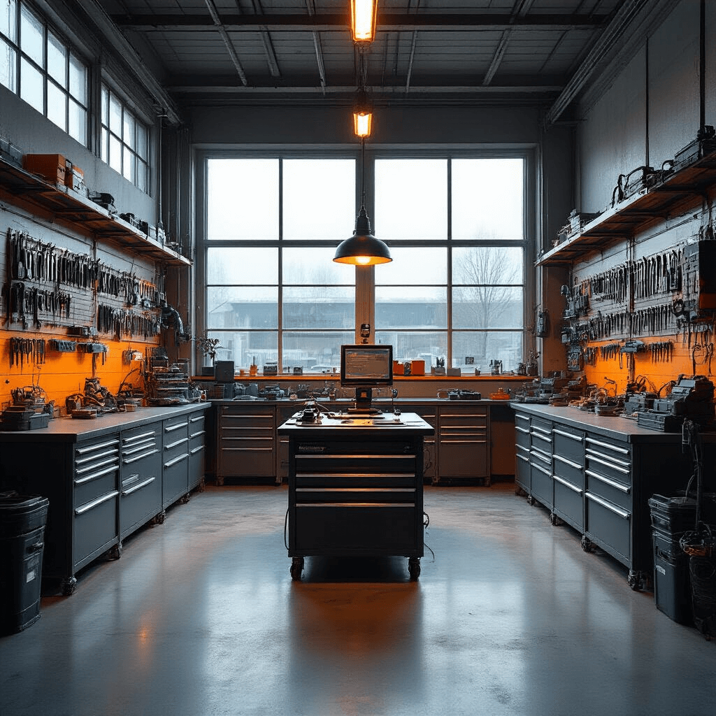 Autosleutel Bijmaken in Amsterdam: Alles Wat Je Moet Weten Fotorealistisch interieur van een moderne sleutelservice werkplaats met een RVS werkbank en transponder programmeerapparaat, omringd door georganiseerde gereedschapswanden met sleutelrohlingen en chips, verlicht door warm LED-licht dat door grote ramen valt op een industriële betonnen vloer.