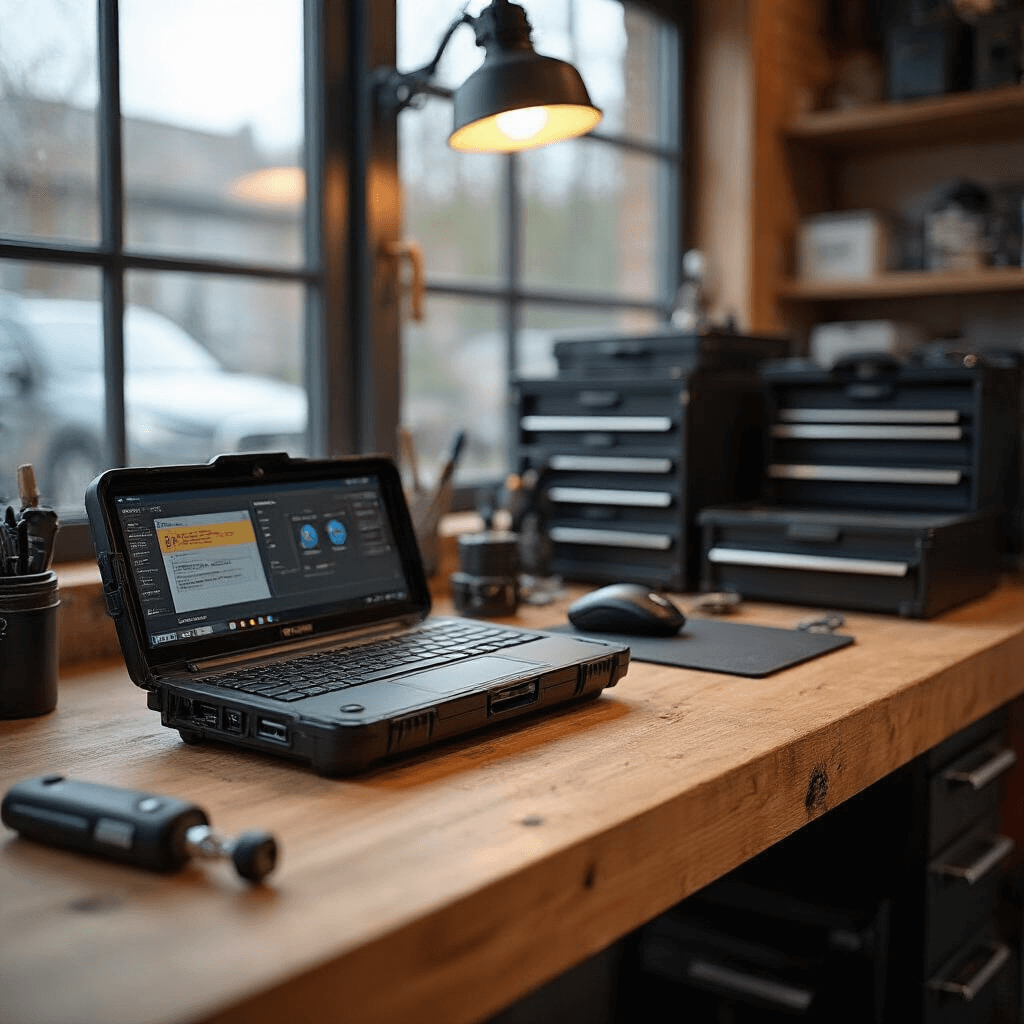 Autosleutel Bijmaken in Amsterdam: Alles Wat Je Moet Weten Professioneel autosleutel werkstation met geopende sleutelprogrammeur en kleurrijk LCD-scherm, omringd door verschillende sleutelbehuizingen van BMW, Mercedes en Audi, op een houten werkbank met zwarte rubberen mat en zachte verlichting.