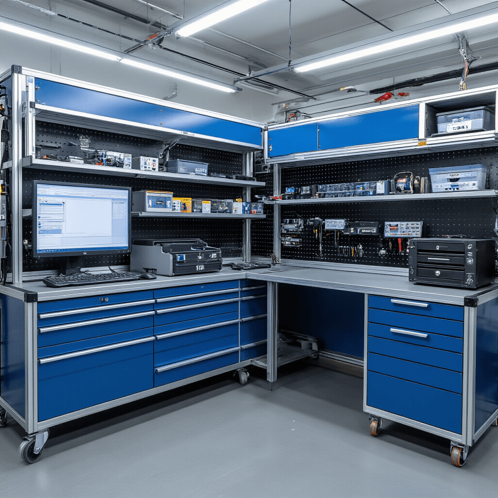 Detailopname van een professioneel autosleutelprogrammeerstation in een compacte werkruimte met actieve transponder programmering, omringd door materialen zoals geborsteld aluminium, rubber matten en transparante opbergbakken, in een kleurenpalet van technisch blauw, zilver en wit.