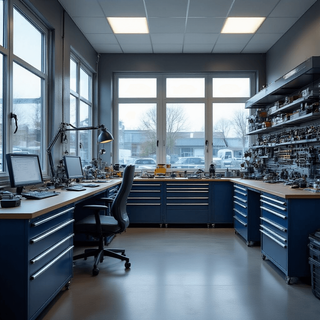 Fotorealistische weergave van een professionele sleutelservice werkplaats met moderne LED-verlichting, grote ramen en een centrale werkbank met een Volvo transponder programmeerapparaat, omringd door georganiseerde gereedschapskasten en een warme houten vloer.