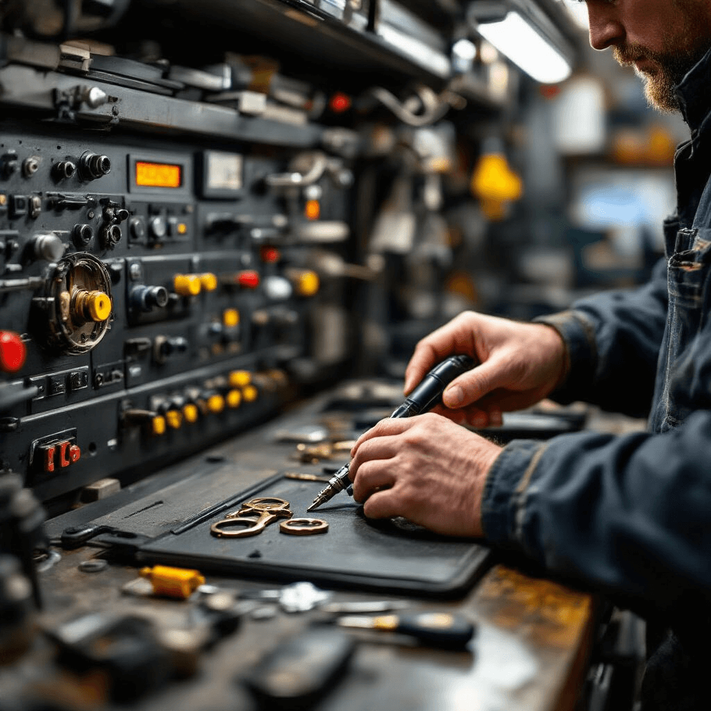Gedetailleerde close-up van een sleutelmaker werkstation met warme verlichting, waar handen een Volvo keyless entry sleutel programmeren. Het werkblad is gemonteerd met technische handleidingen, sleutelcodes en chassisnummer documenten, omringd door geborsteld aluminium gereedschap en zwarte kunststof sleutelbehuizingen, terwijl gouden elektrische contacten zichtbaar zijn in een georganiseerde chaos.