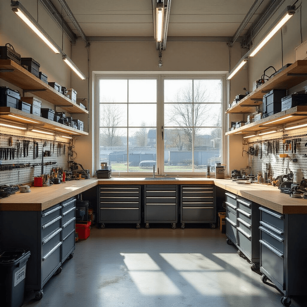 Fotorealistisch interieur van een moderne autosleutelservice met lichte eiken werkbanken, grote ramen die middagzonlicht binnenlaten en witte LED strips. Centrale werkbank met georganiseerde laden vol CR2032 batterijen, kleine schroevendraaiers en pincetten, omgeven door metalen gereedschapskasten in industrieel grijs en transparante opbergbakjes met knoopcelbatterijen. Kleurenpalet is warm wit met chrome accenten en oranje veiligheidslabels. Camera op ooghoogte vanuit hoek, focus op batterijvervangingstools.