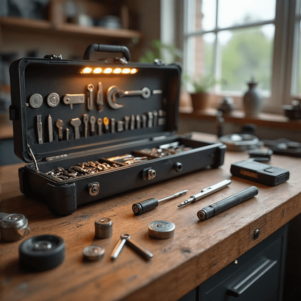 Professionele sleutelreparatie werkbank met donker walnoten blad, ingebouwde LED verlichting en georganiseerde compartimenten voor batterijen, verlicht door natuurlijk licht.