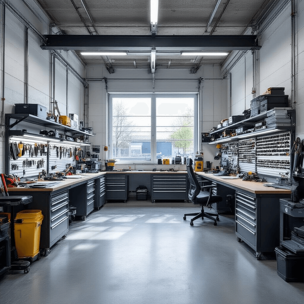 Fotorealistisch interieur van een moderne autosleutelwerkplaats met betonnen vloer en witte muren, centrale werkbank met VW sleutelprogrammeerder, gereedschapskast vol transponder chips, georganiseerde sleutelblanketten, natuurlijk licht door een groot raam en LED werkverlichting.