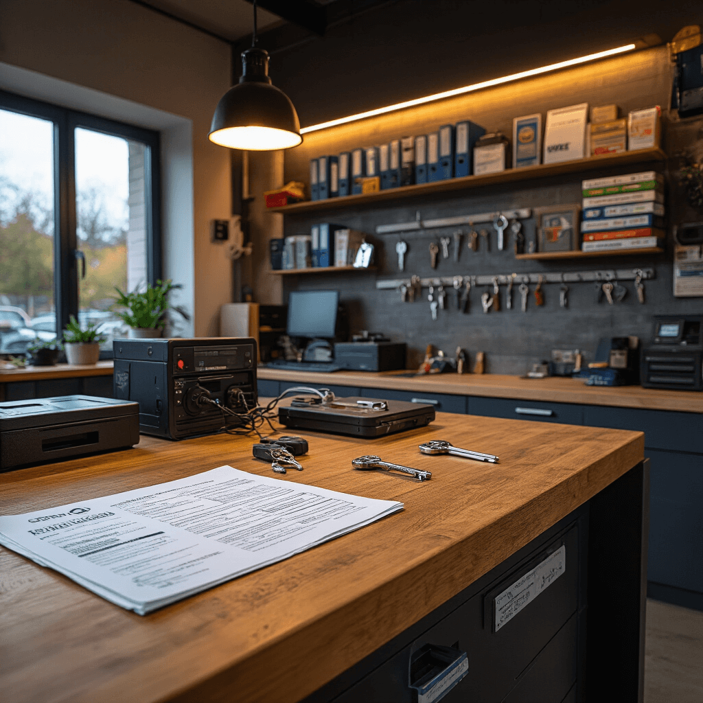 Gedetailleerd beeld van een sleutelservice counter met een donker houten werkblad en georganiseerde sleutelaccessoires, waaronder keyless entry sleutels en documentatie. Het is verlicht met warme LED's en natuurlijke ochtendlicht valt door verticale lamellen. De ruimte heeft een professionele uitstraling met VW-handleidingen en sleutelhouders aan de muur.