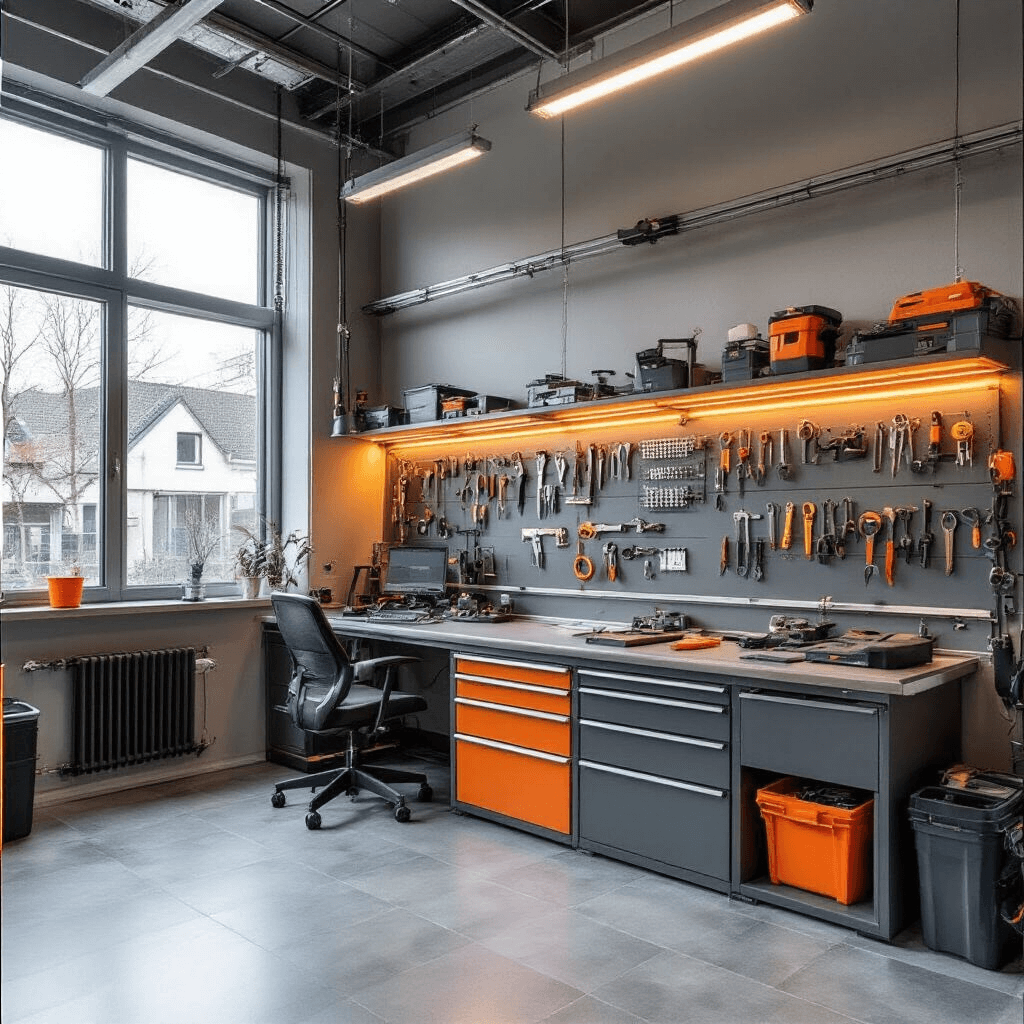 Fotorealistisch interieur van een moderne sleutelservice werkplaats in Rotterdam, met een centrale RVS werkbank, gereedschapswand en warm LED-verlichting, gekenmerkt door een industriële uitstraling in grijs en chroom met oranje veiligheidsdetails.