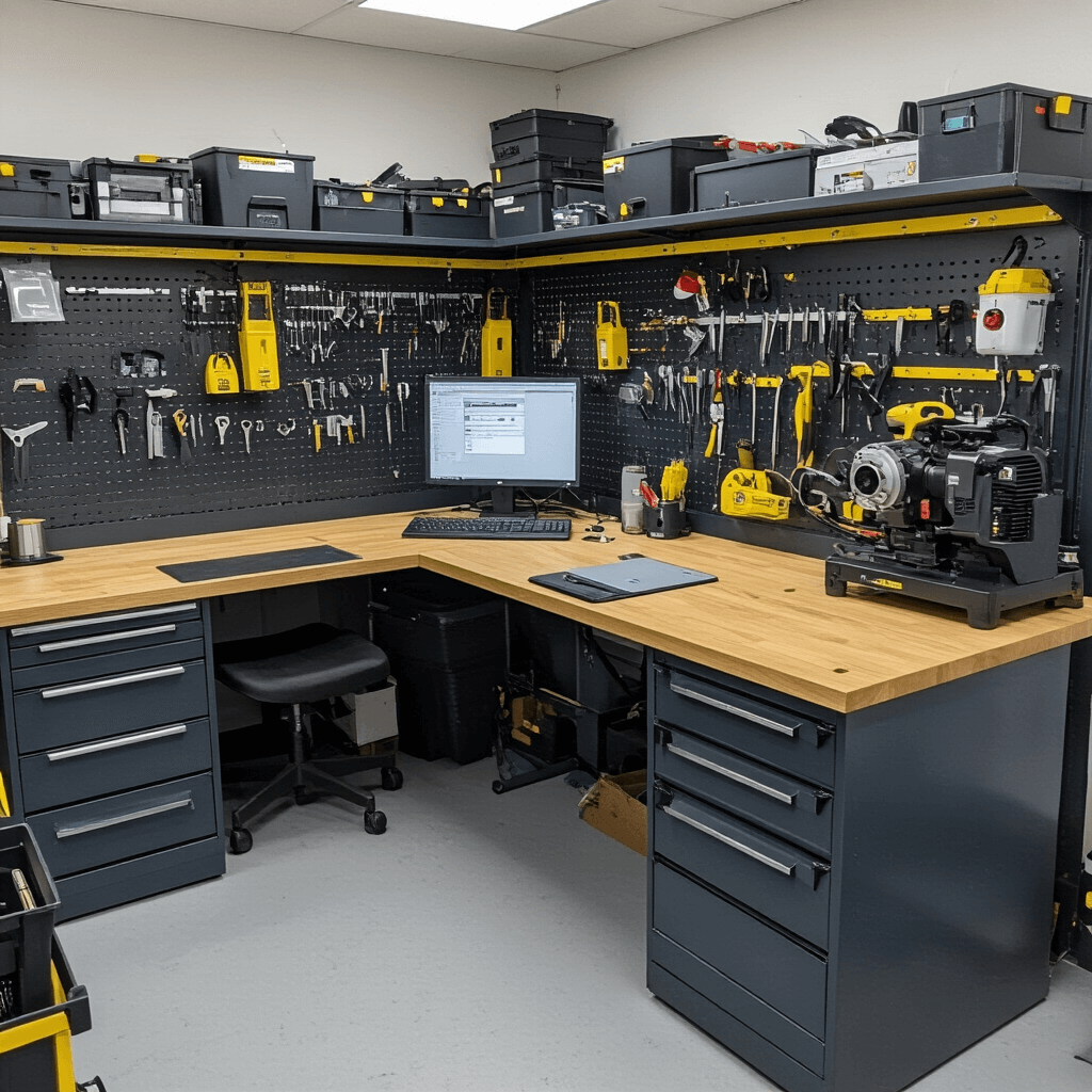 Interieur van een georganiseerde sleutelmaker werkplaats met L-vormige opstelling, inclusief donkere werkbladen, sleutelsnijmachine en computerstation, gevuld met gereedschappen en materialen in blauw-grijze kleuren met gele accenten.