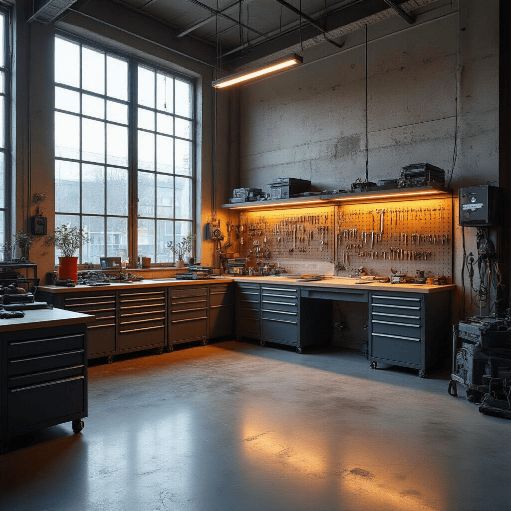 Fotorealistisch interieur van een moderne sleutelservice werkplaats met industriële betonvloer, grote ramen die middaglicht binnenlaten, heldere LED-strips, centrale werkbank met transponder programmeerapparaat, georganiseerde gereedschapskasten vol autosleutels en chips, en een kleurenpalet van industrieel grijs, chroom en amber LED-licht.