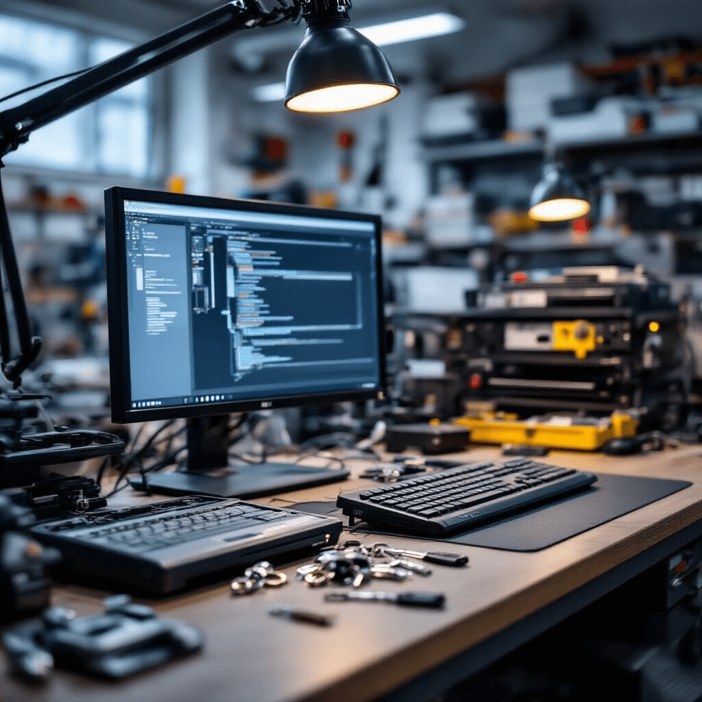 Intiem close-up van een werkstation voor autosleutel programmering, met een geopende transponder, een computerdiagnostiek scherm en geordende rijen blanco sleutels. Verlichte werkmat en achtergrond met gereedschapsrekken in donkerblauw, zilver en warm wit licht.