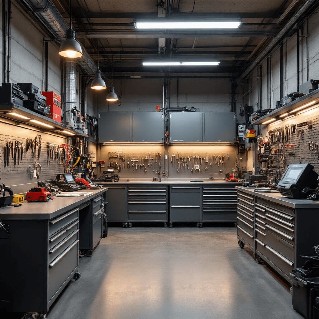 Fotorealistisch interieur van een moderne sleutelservice werkplaats in Gouda, met een centrale werkbank van geborsteld staal, stapels autosleutels, en precisiegereedschap tegen industriële muren, verlicht door TL-verlichting en warme LED-spots.