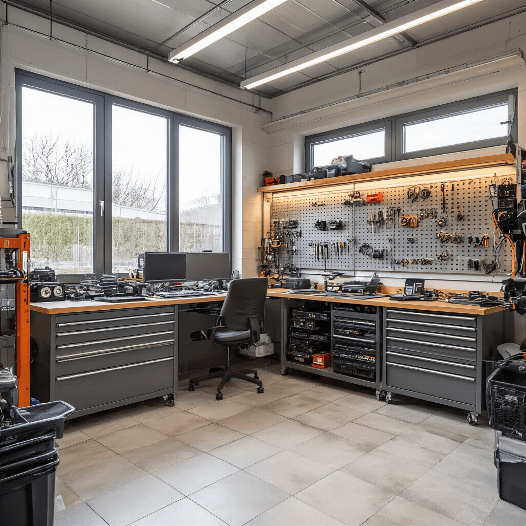 Compacte autosleutel werkplaats met lichte tegelvloer, grote ramen en een donkere houten hoekwerkbank. Het moderne sleutelprogrammeerstation is omringd door uitgestalde autosleutels op vilt, terwijl metalen opbergkasten vol elektronische onderdelen en kunststof organizers met chips en transponders zorgen voor een georganiseerde en efficiënte sfeer.