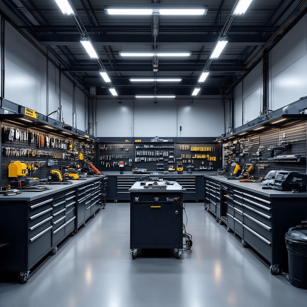Fotorealistisch interieur van een moderne autosleutelservice werkplaats met een centrale werkbank, programmeerapparatuur, gereedschapswanden, en industriële verlichting, alles in een professionele high-tech sfeer.