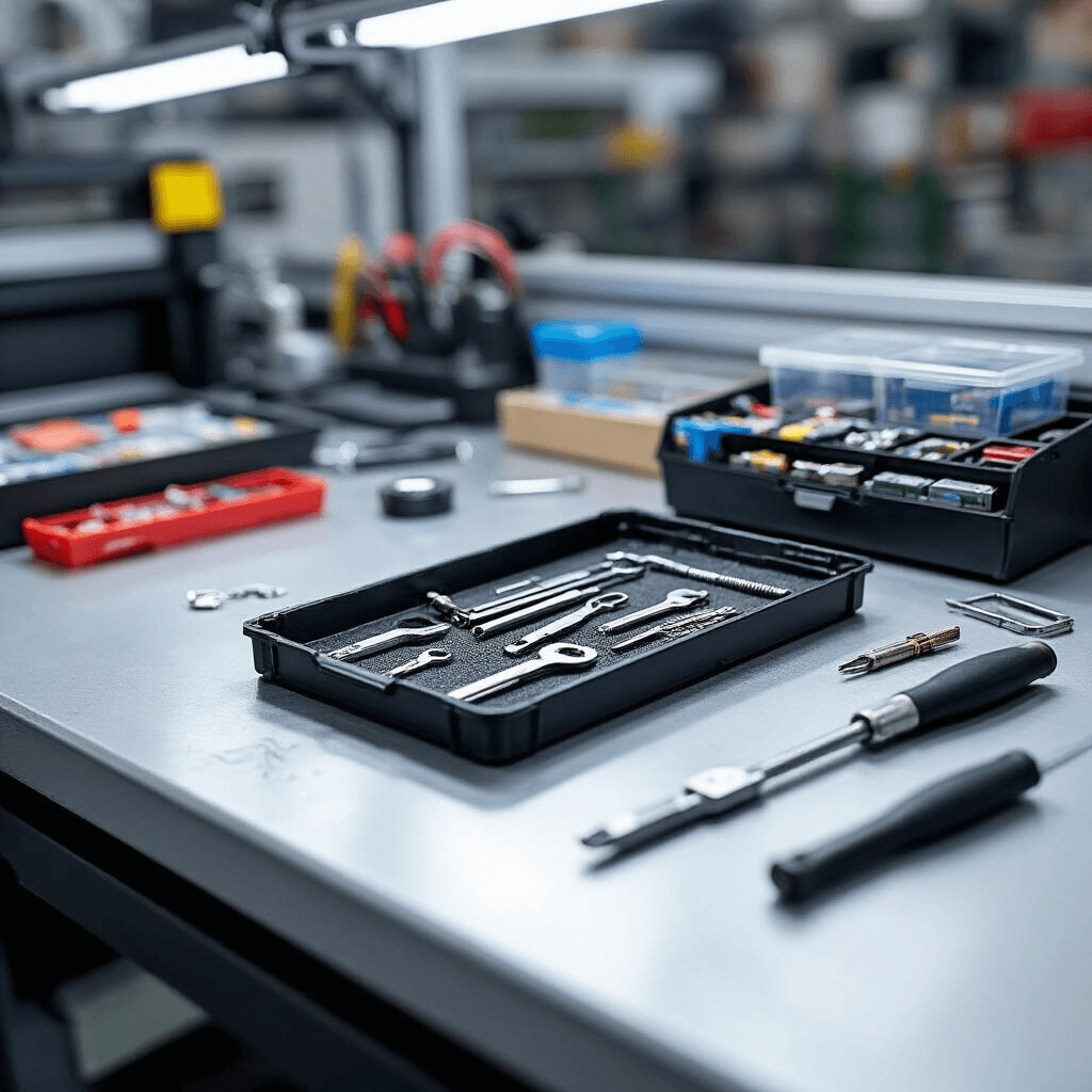 Gedetailleerde close-up van een autosleutelreparatie werkstation met precisiewerkbank, vergrootglas, microsoldeergereedschap en open sleutelbehuizingen. Stapels technische handleidingen en kleurgecodeerde draadjes zijn zichtbaar op een geborsteld aluminium werkblad, verlicht door gerichte halogeenverlichting.