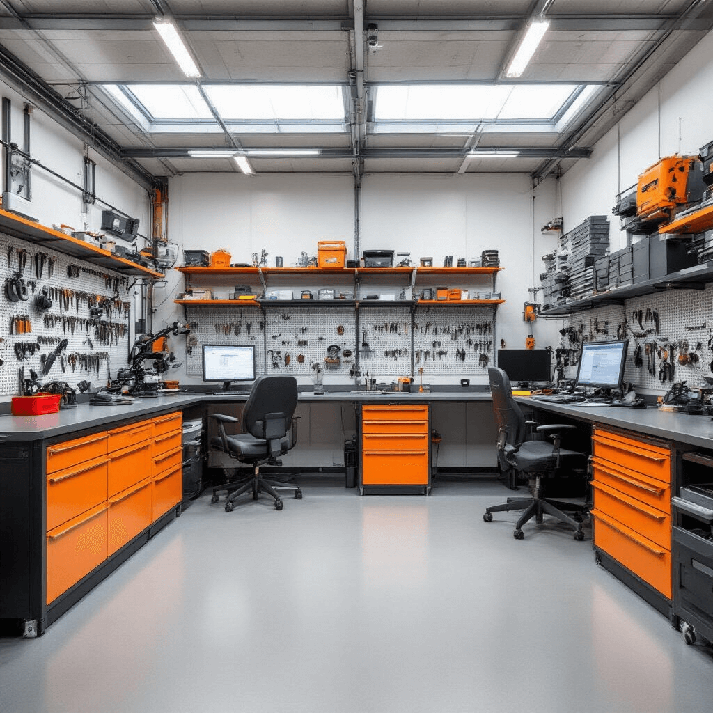Gedetailleerd uitzicht op een autosleutelspecialist workshop met L-vormige indeling, ochtendlicht dat binnenvalt via skylights, een centraal eiland met sleutelprogrammeerstation, muren vol handleidingen en sleutelsjablonen, en een werkblad vol transponderchips en gereedschap, alles in een staal-wit-oranje kleurschema op een industriële betonvloer.
