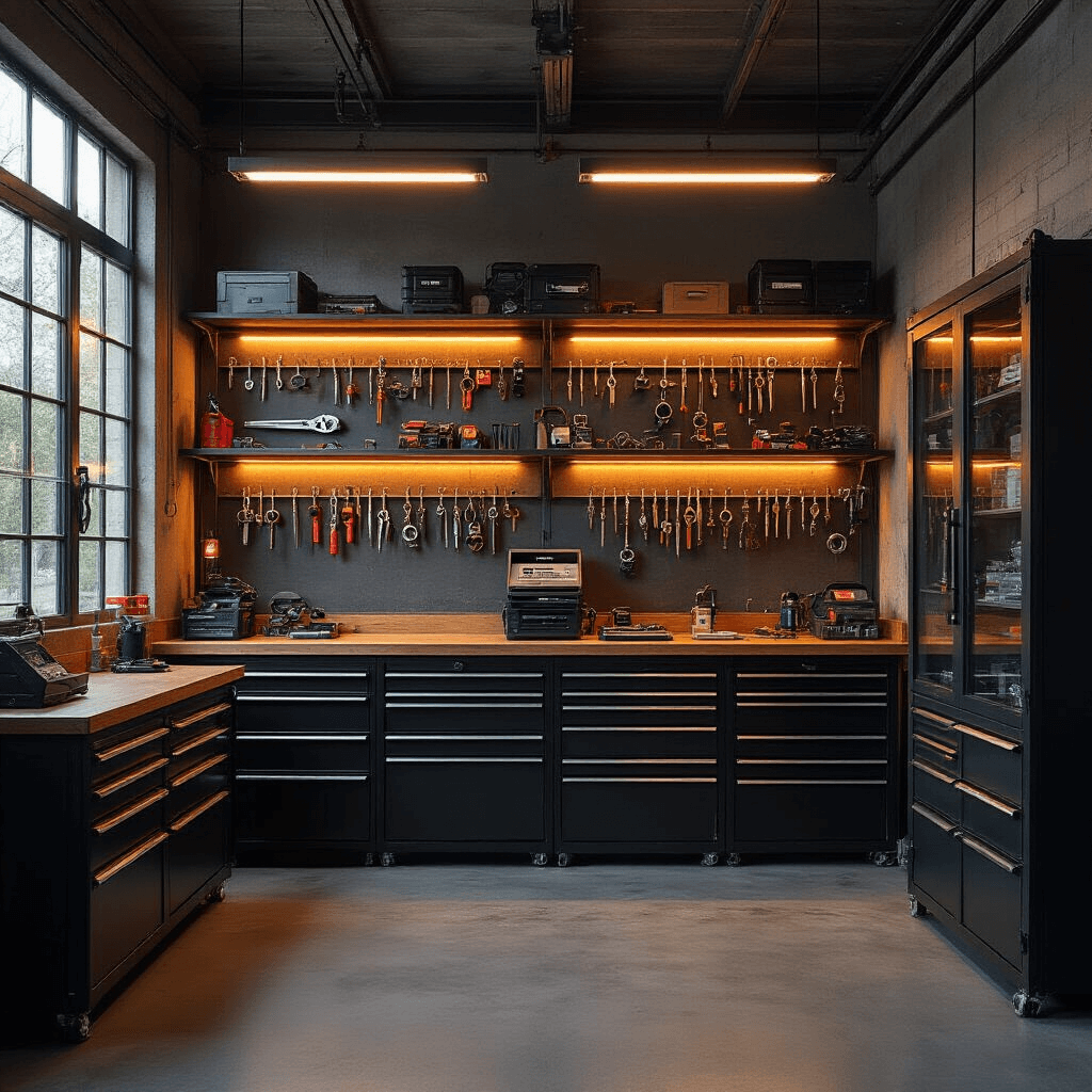 Fotorealistisch interieur van een moderne sleutelservice werkplaats, met een grote centrale werkbank vol met Toyota Corolla transpondersleutels en een programmeerapparaat, verlicht door warme LED-strips. Links een gereedschapskast met sleutelrohlingen en rechts een vitrinekast met smart keys. Gouden ochtendlicht valt door een groot raam en creëert mooie contrasten op het chroom gereedschap en zwarte kunststof sleutelbehuizingen.