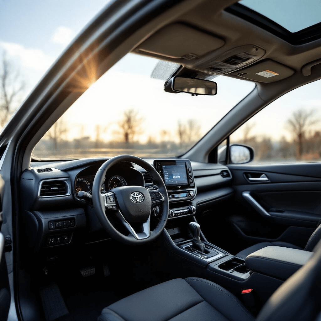 Mobiele sleutelservice werkstation in Toyota Corolla met dashboard als werkoppervlak. Open gereedschapskoffer met elektronische apparatuur en sleutelcodes in de voorgrond, terwijl een laptop met programmeersoftware en handleidingen op de achtergrond zichtbaar is. Zacht licht van de middagzon door getinte ruiten, met focus op handen die een smart key programmeren.