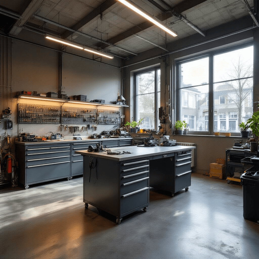 Fotorealistisch interieur van een moderne sleutelservice werkplaats in Den Haag, met een centrale RVS werkbank, industriële betonnen vloer, grote ramen en heldere LED verlichting.