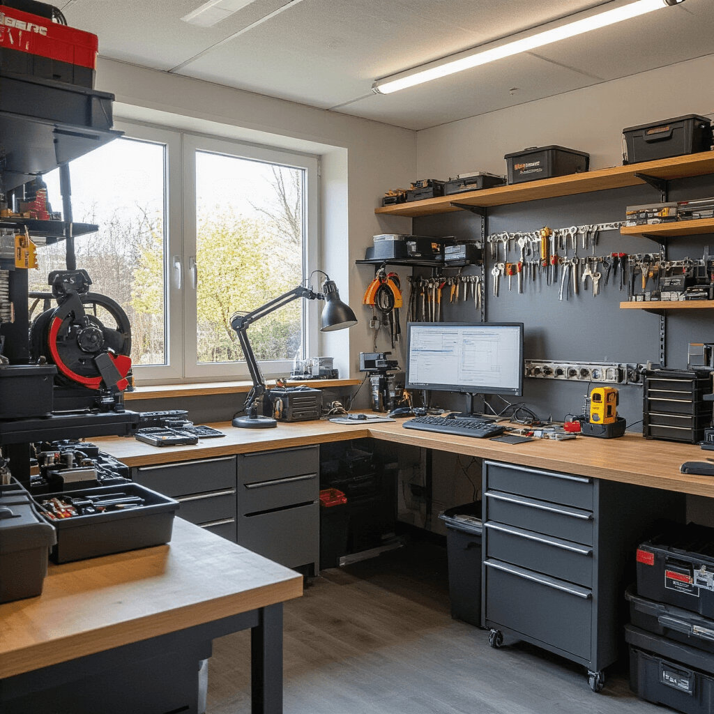 Interieur van een compacte autosleutel reparatiewerkplaats met laminaatvloer, ochtendlicht, bureaulampen, een houten werkbank vol precisiegereedschap, keyless entry sleutels, batterijen, microchips, en kasten met handleidingen en onderdelen.