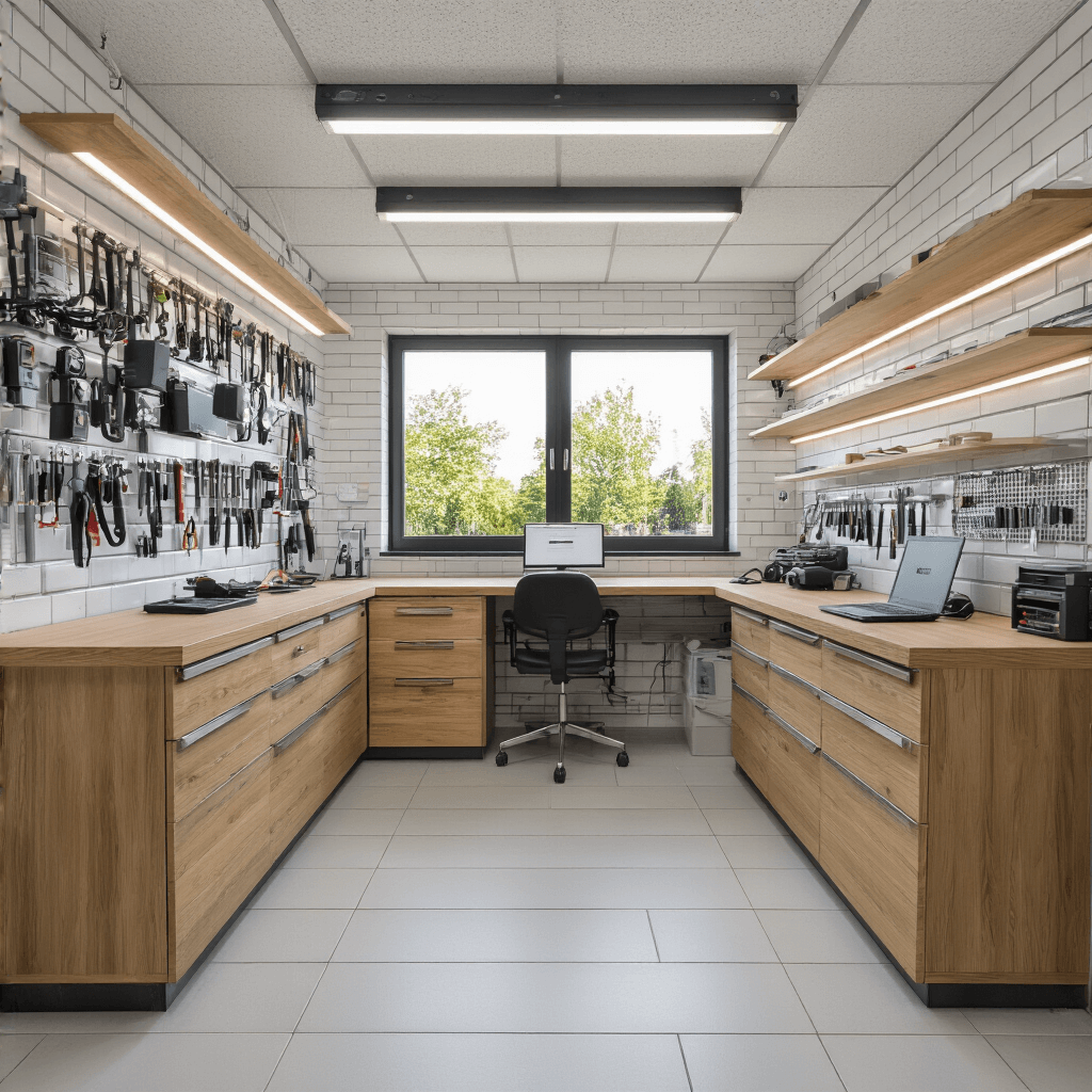 Fotorealistisch interieur van een moderne Kia-sleutelservice werkplaats, met een centrale eikenhouten werkbank, transponder programmeelapparaat, sleutelsnijmachine en gereedschapskasten. Linkerwand met glazen vitrinekast vol Kia smart keys en reserveonderdelen, rechterwand met OBD-kabels en laptops. Ruimte verlicht met natuurlijk daglicht en koude LED-verlichting, kleurenpalet in wit, grijs en zwart met metallic accenten.