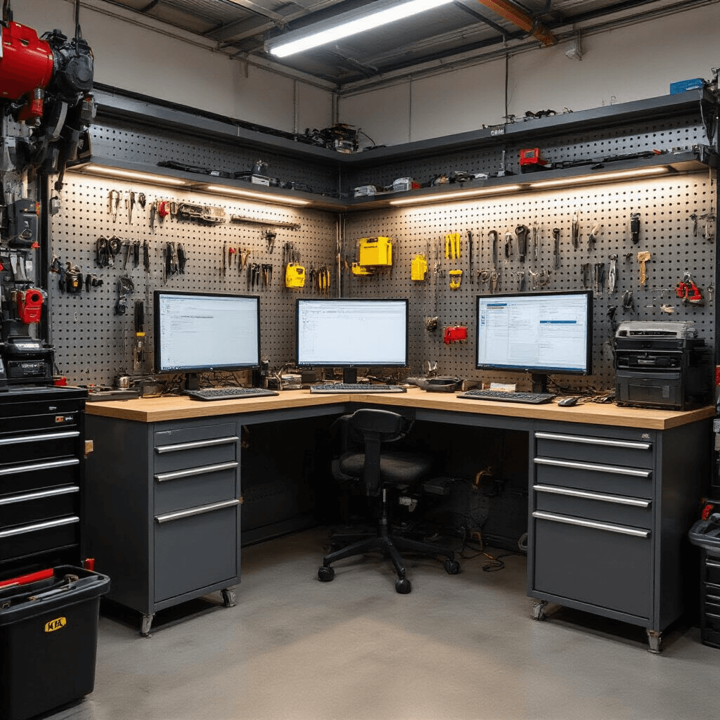 Gedetailleerd interieur van een sleutelspecialist werkplaats met U-vormig hoofdwerkstation, geperforeerde metalen panelen, glazen toonbank en moderne verlichting.