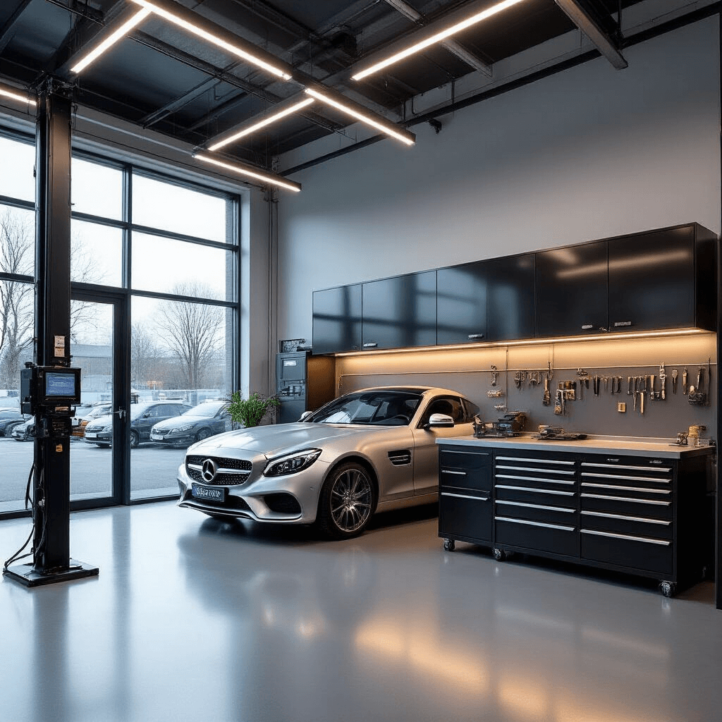 Fotorealistisch interieur van een moderne Mercedes sleutelservice werkplaats met gepolijste betonnen vloer, grote ramen en LED verlichting. Georganiseerde gereedschapswanden met transponder chips, metalen werkbladen en een centrale programmeereenheid voor Keyless Go sleutels. Zwart-zilver kleurenpalet met een prominent Mercedes logo. Camerahoek op werkbankniveau, professionele high-tech sfeer.