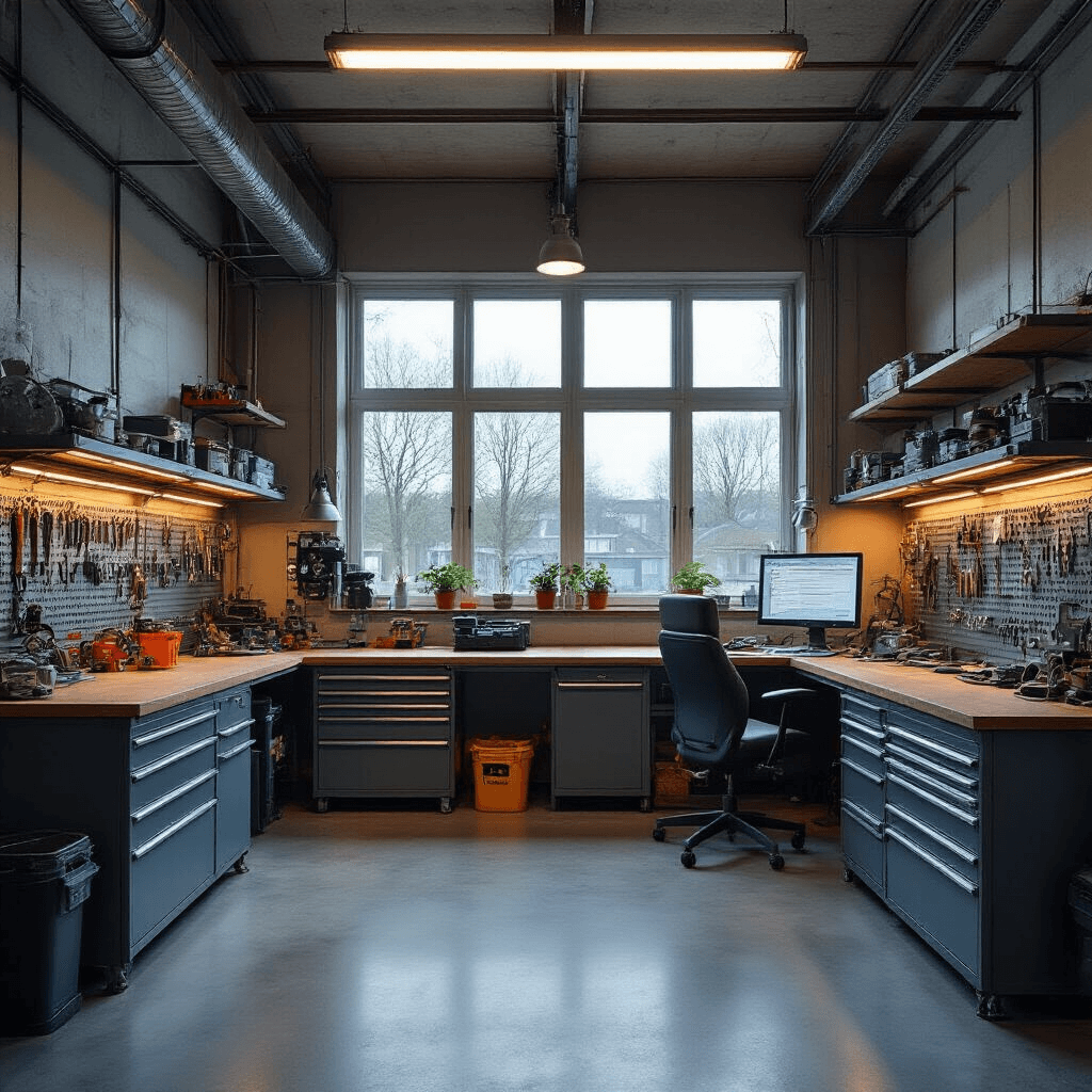 Fotorealistisch interieur van een moderne Nederlandse sleutelservice werkplaats met industriële betonvloer, centrale werkbank met programmeringsapparatuur, sleutelsnijmachine en computer, verlicht door warme LED- en natuurlijk daglicht. Georganiseerde gereedschapskast en grijs-blauw kleurenpalet met chromen details.