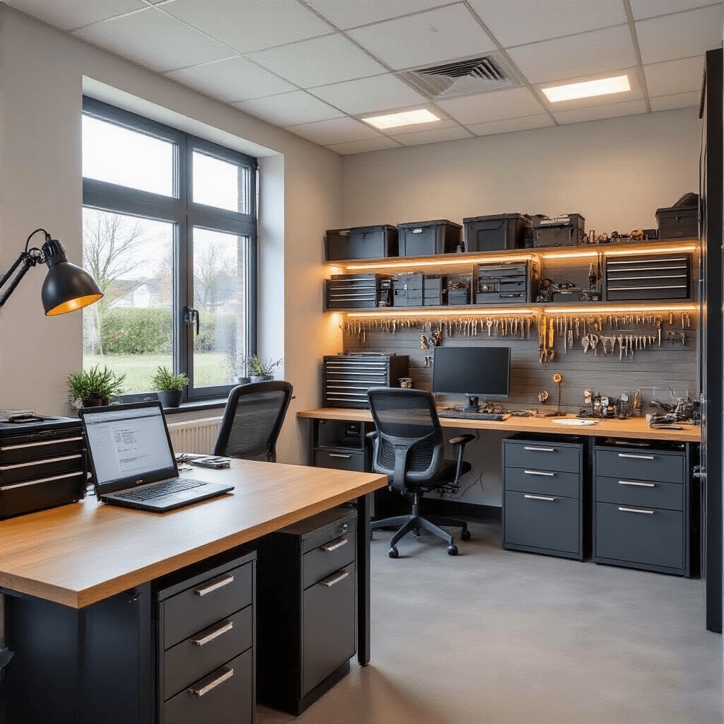 Intiem kantoor van sleutelspecialist met houten werkbank vol autosleutelcomponenten, zachte ochtendverlichting en technologie.