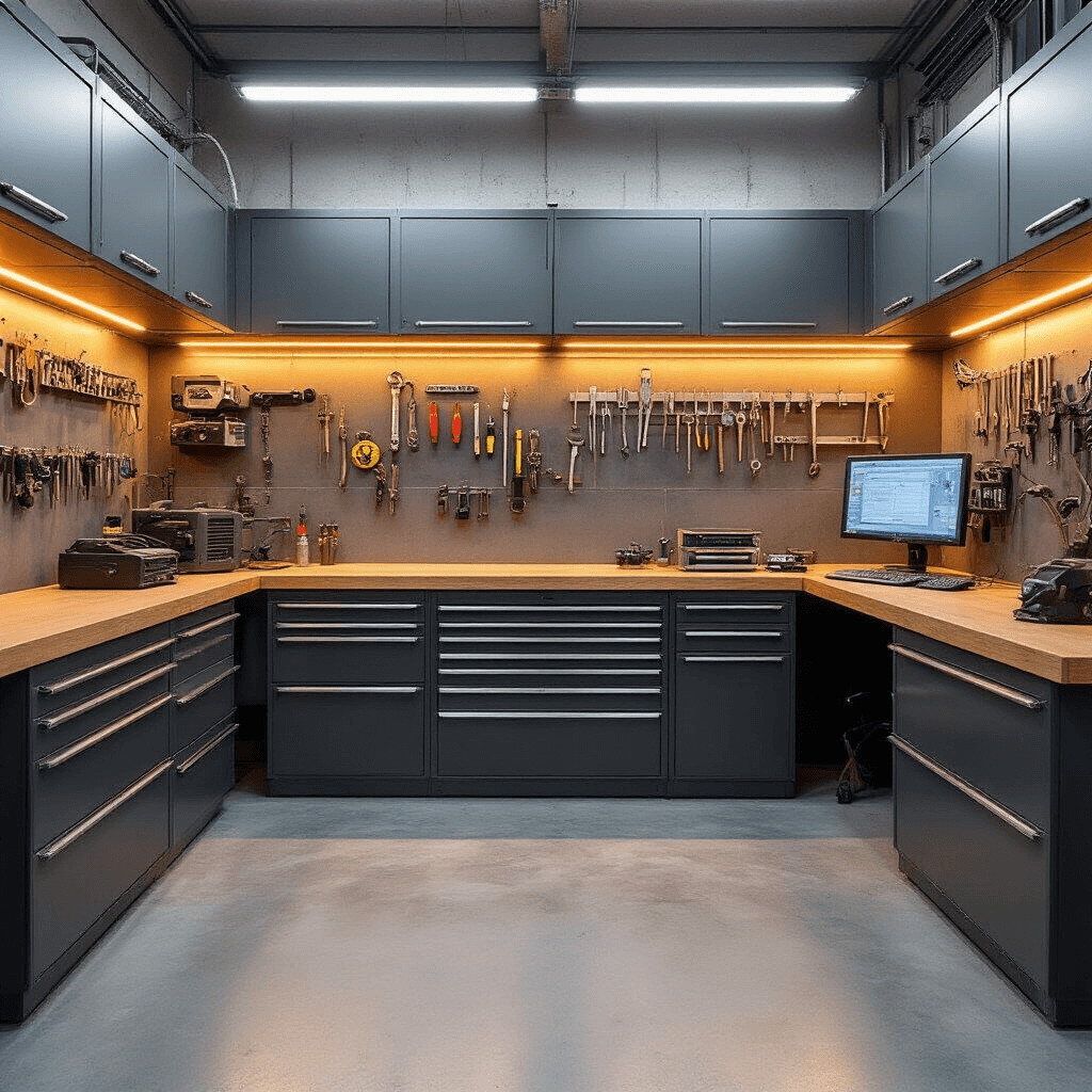 Fotorealistisch interieur van een moderne autosleutelservice werkplaats met industriële elementen, inclusief een RVS werkbank en een gereedschapskast, verlicht door warme LED strips en omgeven door een kleurenpalet van grijs, blauw en oranje.