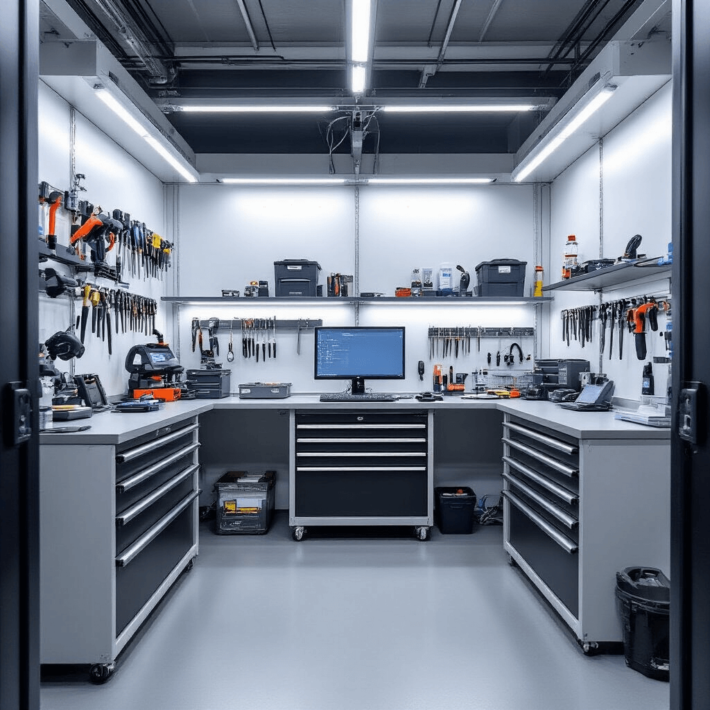 Fotorealistisch interieur van een moderne autosleutelservice in Den Haag, met een compacte werkruimte van 4x3m, witte en grijze wanden, LED-verlichting, een centrale werkbank met transponder programmeerapparatuur, gereedschapskasten vol autosleutels en chips, materialen van geborsteld staal, zwart kunststof en eikenhout, en een kleurenpalet van metallisch zilver, technisch blauw en wit.