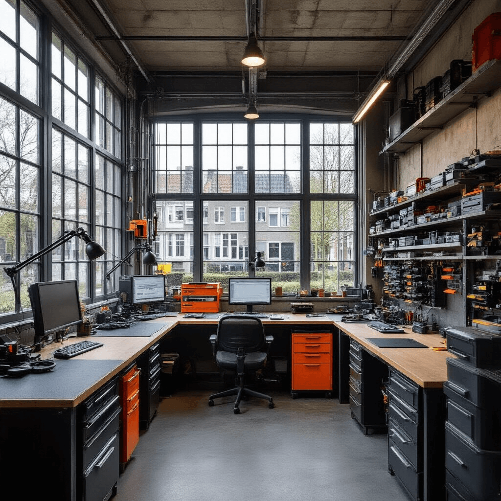 Interieur van een sleutelwerkplaats in Den Haag, 5x4m, met industriële kenmerken, ochtendlicht door grote ramen, meerdere werkstations voor autosleutelprogrammering, geanodiseerd aluminium, rubber matten, gelamineerd hout, kleurenschema antraciet grijs met oranje accenten en chroom details.