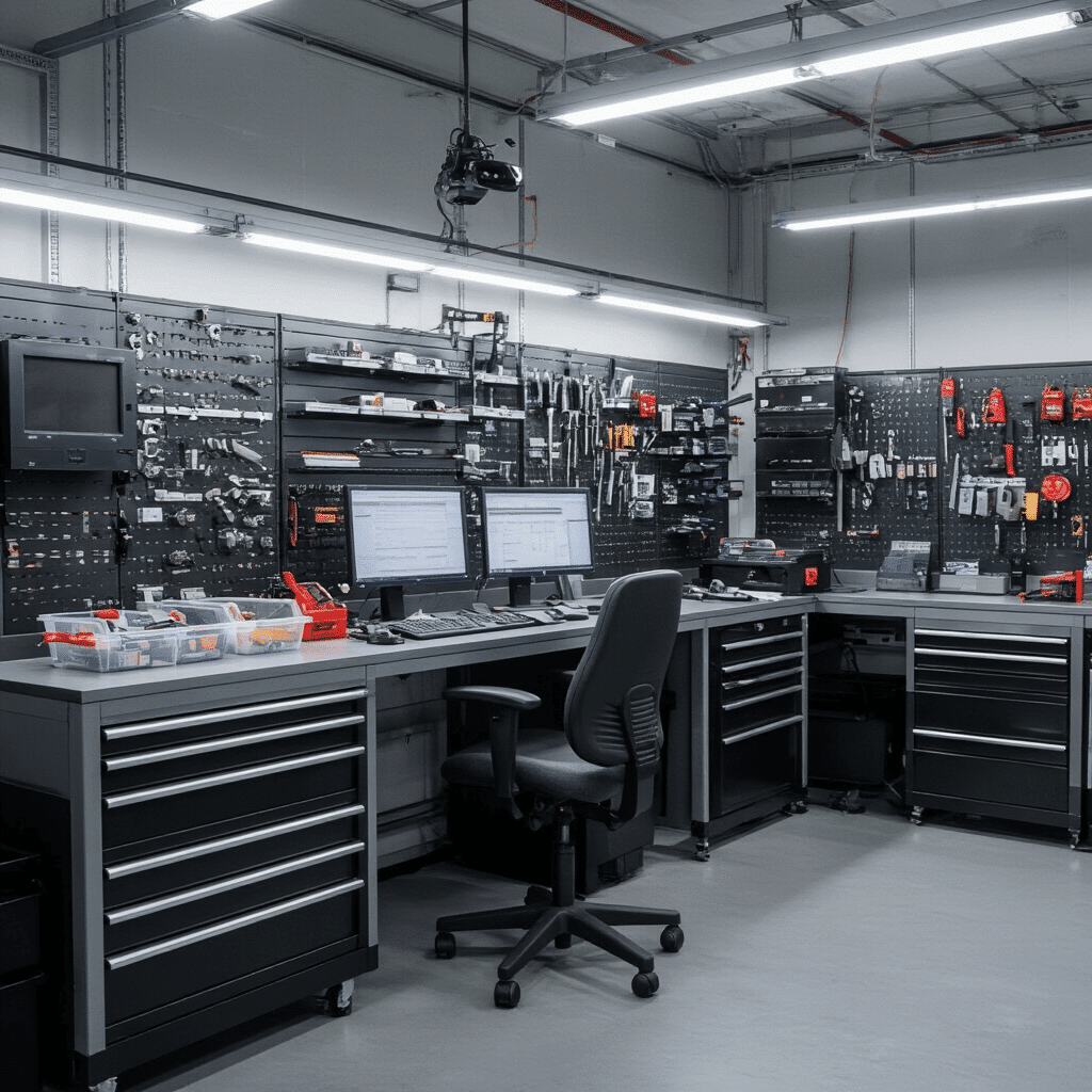 Fotorealistisch interieur van een moderne sleutelservice werkplaats met een grote werkbank, programmeerapparaten voor autosleutels, georganiseerde transponder chips in plastic bakjes, open technische handleidingen, LED werkverlichting, metalen gereedschapskasten en een zwart-zilver kleurenpalet.