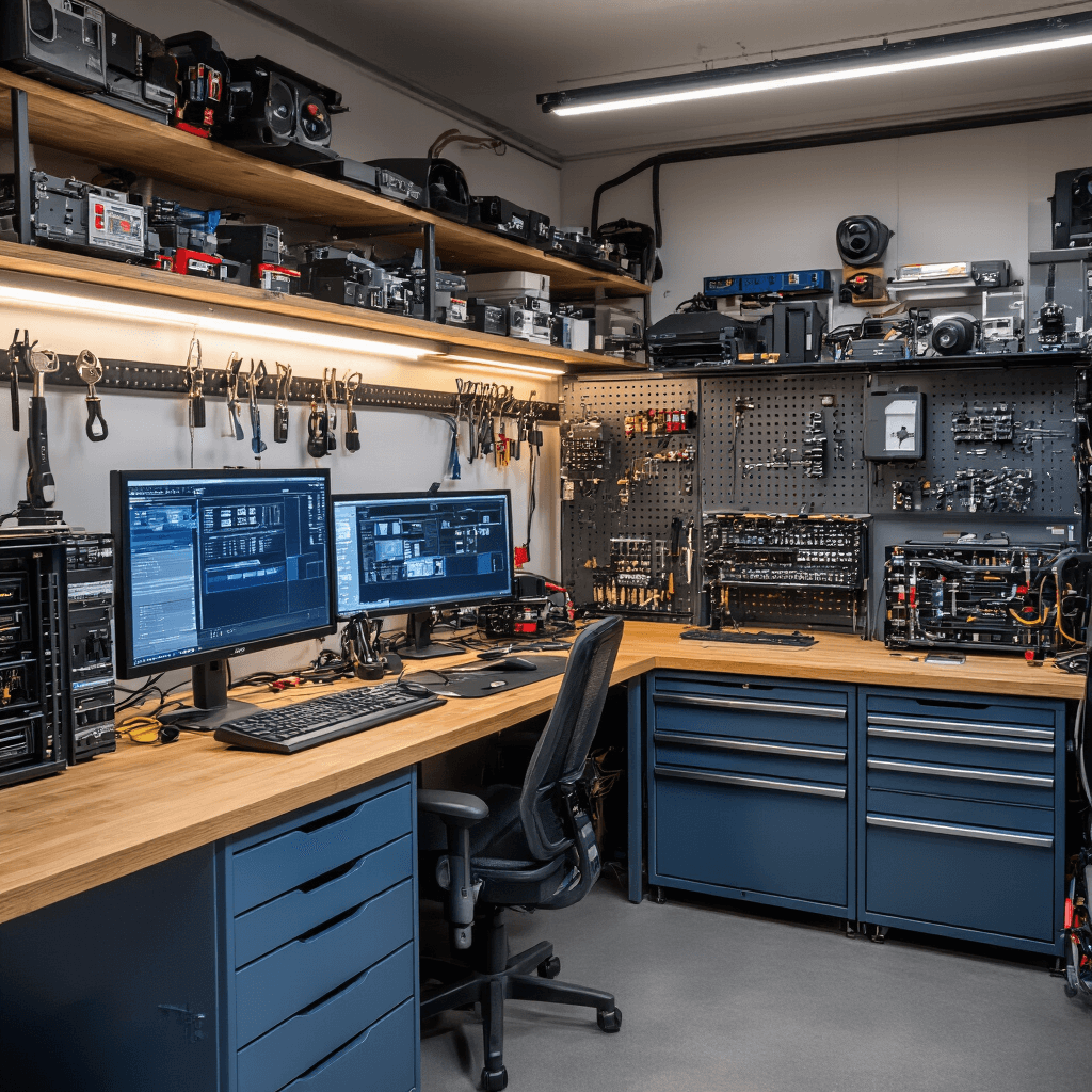 Gedetailleerd interieur van een autosleutel programmeerstation met centrale werkbank, computerscreen, diagnostische apparatuur en diverse autosleutels, georganiseerd in een compacte ruimte met warme LED-verlichting en een blauw-grijs kleurenschema.