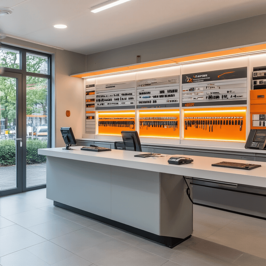 Compacte sleutelservice met moderne inrichting, glazen toonbank, autosleutel displays, programmeerstation, modulaire wandkasten, wit Corian werkblad met LED strips, oranje accentverlichting, chrome details, en natuurlijke lichtinval.
