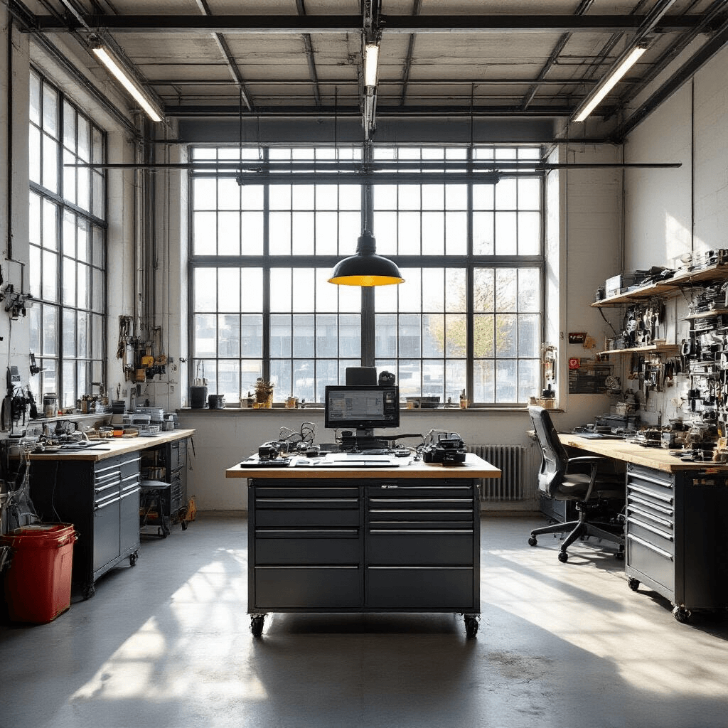 Fotorealistisch interieur van een moderne sleutelservice werkplaats met hoge ramen, middag zonlicht, centrale werkbank met Fiat Ducato transpondersleutels en AVDI programmeerapparaat, metalen gereedschapskast vol sleutelruwen, grijze betonvloer, witte muren en LED-strips, warme professionele sfeer vanuit ooghoogte 45-graden hoek.