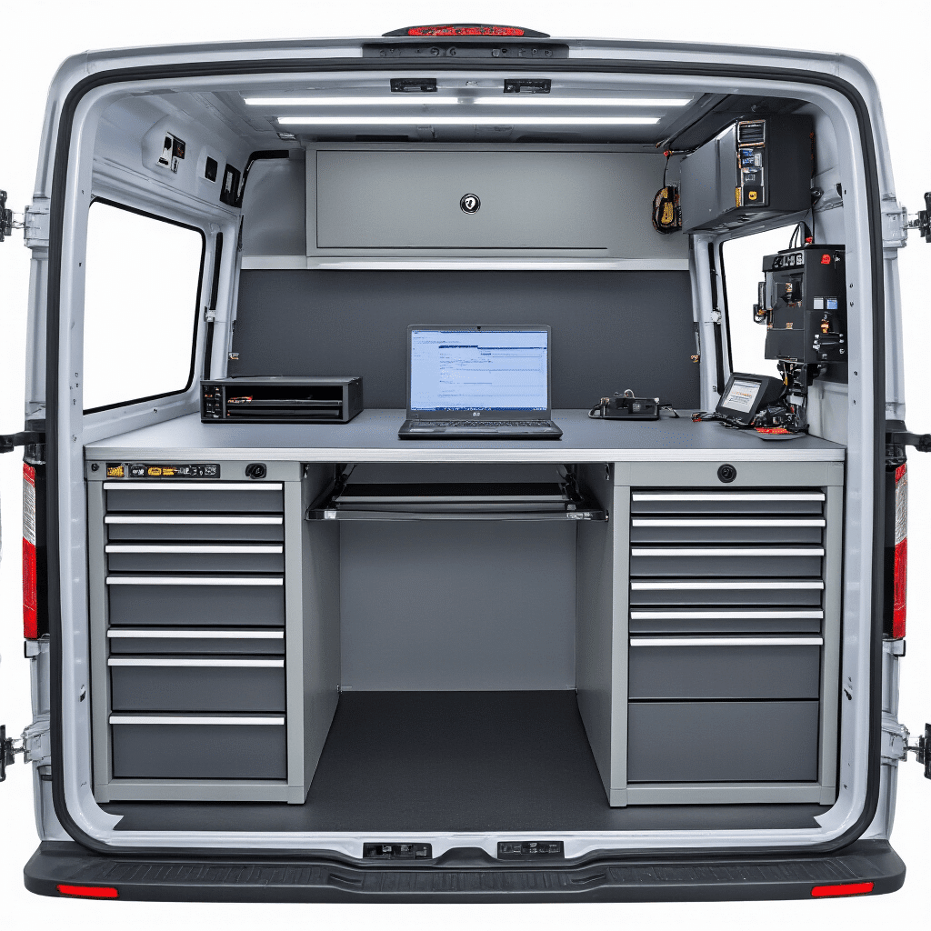 Hoog-technologische mobiele sleutelmaker werkruimte in een bestelwagen, met een opklapbare werkbank, laptops en een verscheidenheid aan autosleutels. Ochtendlicht valt door de zijramen, terwijl blauwe LED-verlichting en oranje werklampen een georganiseerde, high-tech uitstraling creëren.