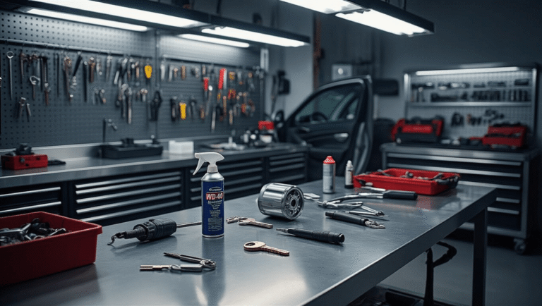 Professionele autosleutelwerkplaats met een gepolijst stalen werkbank, autodeurmaken, sleutels, WD-40-spray en diagnostische gereedschappen, zorgvuldig georganiseerd. Warm LED-licht vormt dramatische schaduwen op de metalen oppervlakken, met industriële betonnen vloeren en een moderne, gestructureerde uitstraling.