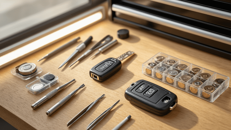 Cinematische close-up van een professionele autosleutelmaker werkbank met een warme eikenhouten oppervlakte, een open autosleutelfob met CR2032 batterijcompartiment, precisieschroevendraaier, pincet en georganiseerde rijen knoopcelbatterijen in transparante compartimenten, met zachte natuurlijke verlichting en heldere witte LED-strips.