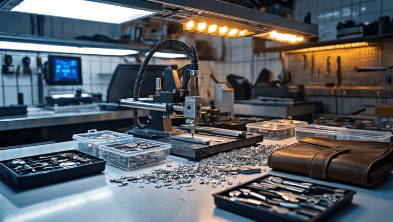 Cinematisch close-up van een professionele automotive sleutelverduplicatie workshop met een snijmachine aan het werk, op een gepolijst stalen werkblad verlicht door warm LED-licht, met transponderchips en sleutelblanks in transparante dozen, moderne programmeerapparatuur met blauwe digitale displays en een nette vloer van witte tegels.