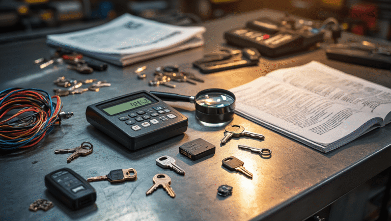 Close-up van een professionele autosleutelreparatiewerkplaats met een metalen werkbank, verspreide autosleutels, diagnostische apparatuur, vergrootglas, precisietools, kleurrijke draadbundels en open technische handleidingen, allemaal verlicht met warme halogeenverlichting die dramatische schaduwen creëert. De focus ligt op transponderchips en batterijcomponenten in een industriële, maar uitnodigende werkomgeving met rijke contrasten tussen koele metalen oppervlakken en warme amberaccenten.