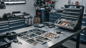 Moderne automotive slotenmakerij met een roestvrijstalen werkbank, precisiesleutelsnijmachines, auto sleutels en transponderchips, diagnostische OBD-tools en programmeringsapparatuur, verlicht door warme en koele verlichting, met focus op vakmanschap en georganiseerde werkruimte.