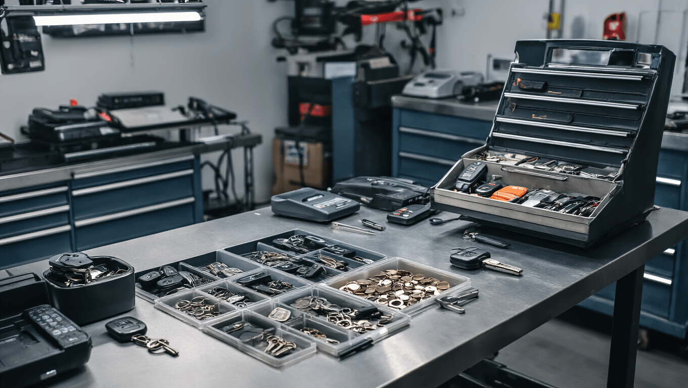 Autosleutel Bijmaken: Alles Wat Je Moet Weten Moderne automotive slotenmakerij met een roestvrijstalen werkbank, precisiesleutelsnijmachines, auto sleutels en transponderchips, diagnostische OBD-tools en programmeringsapparatuur, verlicht door warme en koele verlichting, met focus op vakmanschap en georganiseerde werkruimte.