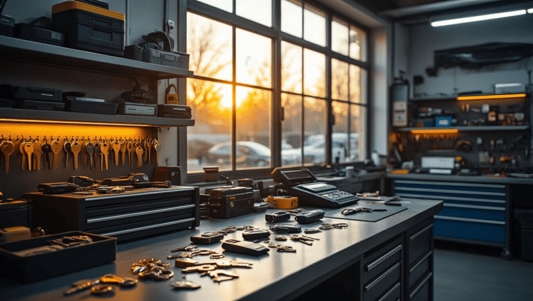 Professionele autosleutelwerkplaats met warm gouden uurlicht, stalen werkbank vol precisiesleutels en transponders, georganiseerde gereedschapskasten en moderne sleutelsnijmachines in een sfeervolle, georganiseerde omgeving.