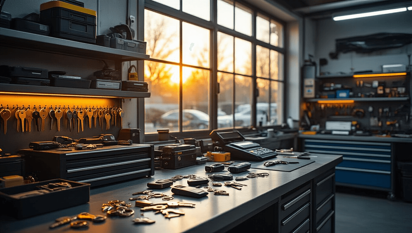 Professionele autosleutelwerkplaats met warm gouden uurlicht, stalen werkbank vol precisiesleutels en transponders, georganiseerde gereedschapskasten en moderne sleutelsnijmachines in een sfeervolle, georganiseerde omgeving.