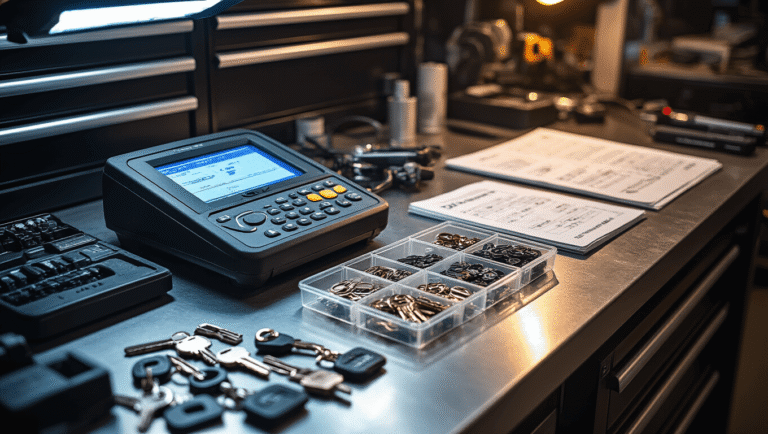 Moderneautosleutelsmederij met programmeringsapparatuur op een schoon metalen werkbank, warm LED-licht en gestructureerde indeling van autosleutels en transponderchips, diagnosticaprogrammeringsapparaat met een blauw verlicht scherm.
