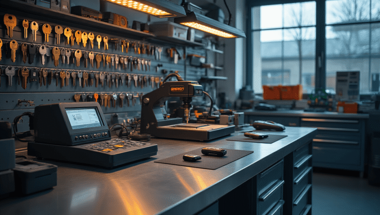 Moderne automotive sleutelwerkplaats in Rotterdam met een roestvrijstalen werkbank, precisiesleutelsnijders en transponderprogrammeerapparatuur, warm LED-licht, georganiseerde wandmontage van gereedschappen en sleutelblanks, grote ramen voor natuurlijk licht, professionele blauwgrijze kleurenpalet met oranje accenten, en een gedetailleerde close-up van handen die een autosleutel fob programmeren.