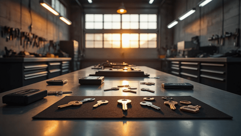 Professionele autosleutelmakerij in Gouda met een moderne, schone werkplek, centraal rvs werkbank, precisiesleutelsnijapparatuur, autokeys en elektronische transponders op donker vilt, warme LED-verlichting, industriële betonnen muren en georganiseerde gereedschapskasten, glanzende tegels die het fluorescentielicht reflecteren, en gedetailleerde close-ups van handen die werken met geavanceerde sleutels programmering apparatuur.