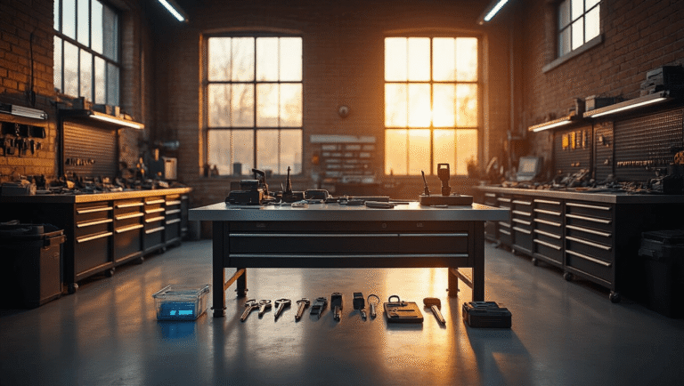 Moderne autoslotenmakerij met professionele gereedschappen op industriële ondergrond, warm gouden uurlicht door grote ramen, afgewerkt met een stalen werkbank en geordende precisiegereedschappen, transponderchips en sleutels in een industriële omgeving.