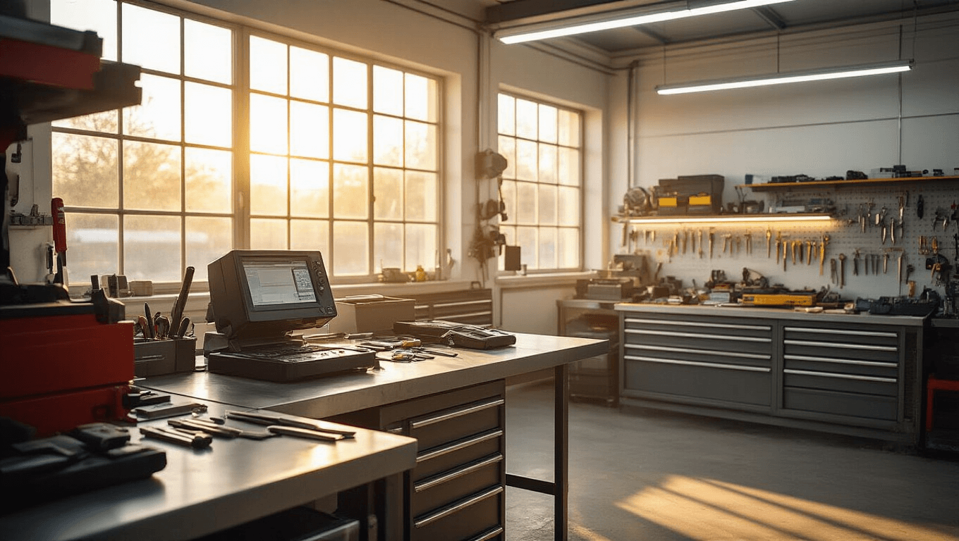 Fotorealistisch interieur van een moderne autosleutelspecialistenwerkplaats, met warm middaglicht dat door grote ramen stroomt, een centraal stalen werkbank met transponder sleutels voor Fiat Ducato, een AVDI programmeerapparaat, een sleutelsnijdmachine, een georganiseerde metalen gereedschapskist met sleutelmateriaal, gepolijste betonvloeren, witte muren met LED-strips, een professionele sfeer gefotografeerd vanuit een ooghoogte van 45 graden, uitnodigend warm licht dat een gezellige ambachtelijke ambiance creëert, gedetailleerde texturen van metalen gereedschappen en elektronische apparatuur, cinematische scherptediepte.