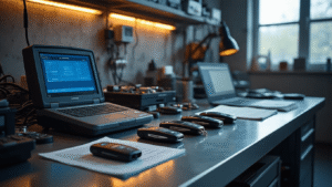 Professionele Mercedes sleutelprogrammering op een gepolijste roestvrijstalen werkbank, met een OBD-diagnosescanner, verschillende sleutel fobs en een laptop. Warme LED-verlichting, technische handleidingen en glanzende metalen gereedschappen zichtbaar, met natuurlijk ochtendlicht dat door grote ramen binnenvalt.